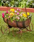 461015-0bw7 Unbranded Rustic Barrel Wagon Garden Flower Planter Wheels Turn Indoor