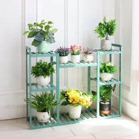 Jeaw9lgccp 8-tier Chic Indoor Outdoor Bamboo Plant Stand Potted Planter Holder Shelf Blue