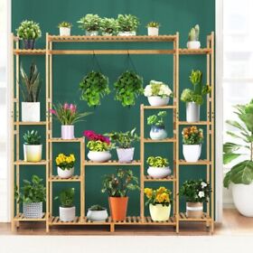 Hz10006 9-tier Bamboo Plant Stand With Potted Holder And Hanging Rack Tall Display Shelf Unit