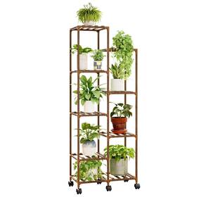Bamworld 658043254746 Plant Stand With Wheels Tall Shelf For Mutiple Plants Wood Holder