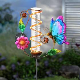 Bayn 788412245317 36.3 Inch Rain Gauge Outdoor Solar Powered 10 Leds 7 Tube Garden Butterfly