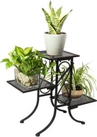 Tb-hom0854blk-qi Black Metal Freestanding Planter Pot Display Rack With 3 Perforated Shelves