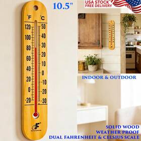 Branded Dgl-wt270-y 10.5 Inch Vertical Indoor Outdoor Wood Thermometer Large Numerals Wall Mounted F /c