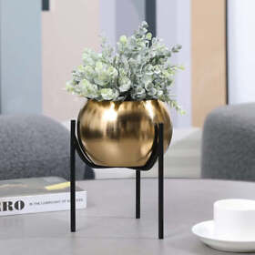 Deco2990bas Brass Metal Round Planter Pot Bowl With Black Wire Display Plant Stand Riser