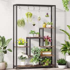 Bb-jw0254gx Byblight 5 Tier Plant Stand With Hanging 10 S-hook Wooden Shelf Display Flower Rack