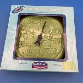 Camelot 049121000889 Green Glazed Terra Cotta Thermometer 8 Inch Round Flowers Butterfly Indoor Outdoor