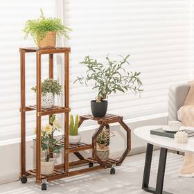 Costway 885944009995 Heavy Duty Rolling 6tier Wood Plant Stand Multiple Planter Holder Indoor Outdoor