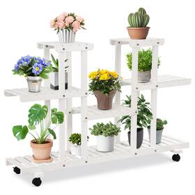 G73wha7055 Costway 4-tier Rolling Flower Rack Wood Plant Stand Casters 12 Pots Bonsai Display Shelf