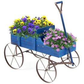 Gt3662bl Costway Patio Outdoor Garden Decorative Planter Wagon Wooden Plant Bed With Metal Wheels