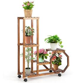 Hz-10n083wf Costway Plant Stand 40.5 Inch Outdoor/indoor Flexible Wheels Durable 6-tier Brown