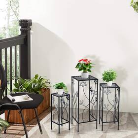 Us-2np10275bk Costway Metal Plant Stand Set 3 Pcs Pot Holder With Crystal Floral Accents Square