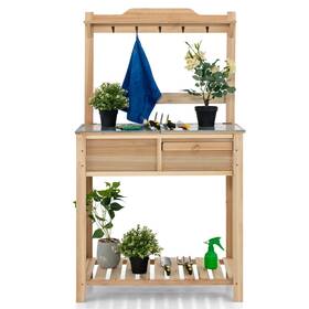 Us-2th10010 Costway Wooden Potting Bench With Galvanized Metal Tabletop And Shelves Storage Box Outdoor