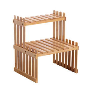 Countertop Bamboo Plant Shelf 2-tier Flower Pot Stand Balcony Rack