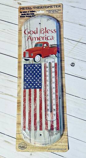 62447 Country Side God Bless America Thermometer Indoor Outdoor 17 Inch Metal Vintage Style