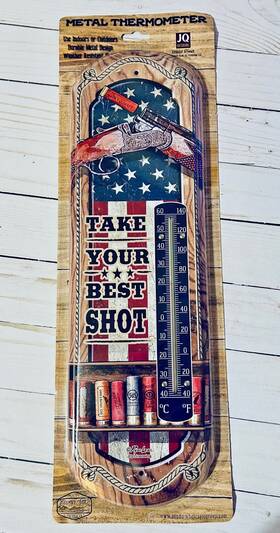 A1208 Country Side Take Your Best Shot Thermometer Indoor Outdoor 17 Inch Metal Vintage Style