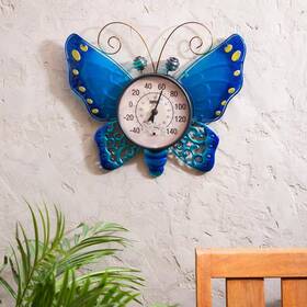 Evergreen Enterprises 313029261292 13 Inch Butterfly Outdoor Wall Thermometer Blue