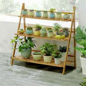 Fliptradeinc 427274009035 Bamboo Wooden 3-tier Ladder Plant Stand Foldable