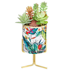 Deco2957bas Floral Mini Round Planter Pot With Metal Riser Plant Stand Handcrafted In India