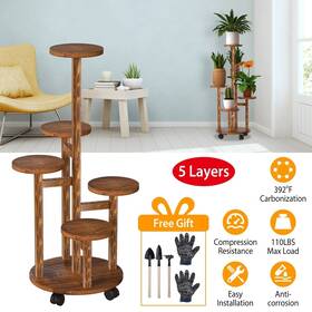 Gpct3930 Global Phoenix Stand Mc 5 Tier Plant With 4 Detachable Wheels Wooden Pot Rolling Shelf