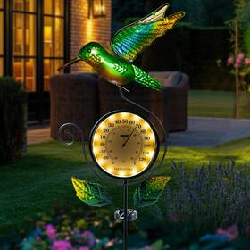 B0ctjpd6r9 Hongland Outdoor Thermometer With Solar And Warm Led Lights Metal Hummingbird Temperatu