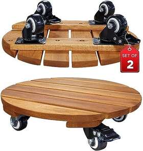 Idzo 810073389212 Inch Round Wood Plant Caddy Set Of 2 Acacia Hardwood Dolly - Stand