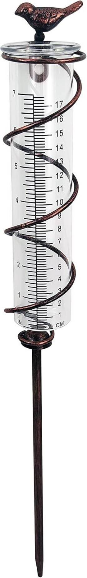 Joybee Home&garden 735632179267 7inch Capacity Glass Spiral Rain Gauge Cast Iron Bird Hanging Bronze