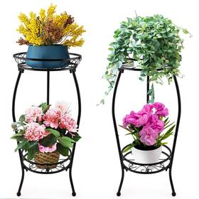 Kataslly 824918550668 2 Pack Tier Metal Plant Stands Indoor Outdoor Tall Wrought Iron Flower Pot