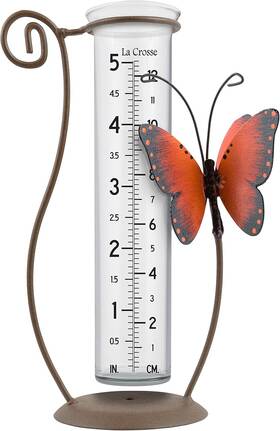 704-13077-int La Crosse Technology 5 Inch Capacity Glass Orange Butterfly Rain Gauge