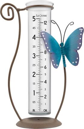 704-71077-int La Crosse Technology 5 Inch Capacity Glass Blue Butterfly Rain Gauge