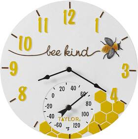 5280579 Lifetime Brands Inc. Taylor Bee Kind Poly Resin Indoor And Outdoor Clock Thermometer Home Decor