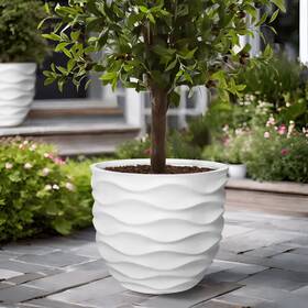 Luxenhome 810000775897 17.3 Inch Diameter White Horizontal Waves Fiber Stone Round Pot 15.2 H X