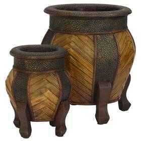 Natural 810709012866 Decorative Rounded Wood Planters Set Of 2 Brown
