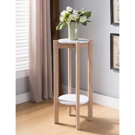 Idf-161477 Natural Wood Plant Stand With Two Round Shelves Light Brown And White