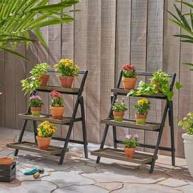67252 Noble House Plant Stand With Slatted Shelves Iron Frame Gray/black 2-pack