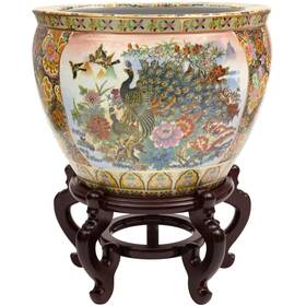 Orientalfurniture 849527055052 Handmade 18 Inch Satsuma Garden And Peacock Porcelain Fishbowl Multi