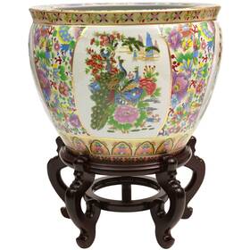 Orientalfurniture 849527055076 Handmade 20 Inch Satsuma Birds And Flowers Porcelain Fishbowl Off-white