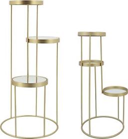 16762 Plant Stand Contemporary 3-tier Tiered Gold Black Set 2 Metal Mirror Brass