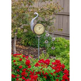 Poolmaster 445008544591 Peacock Outdoor Thermometer Garden Stake And Backyard Decor