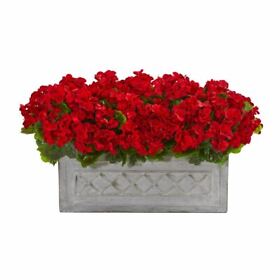 8061-rd Red 18inch Geranium Artificial Plant In Stone Planter Uv Resistant Indoor Outdoor