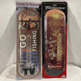 Rivers Edge 643323128800 Lot Of 2 Nostalgic Tin 17x5 Collectors Thermometers Go Fishing And Budweiser Beer