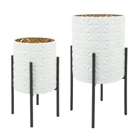 12629-19 Sagebrook Home Aztec Planter On Metal Stand Whitet Gold And Black