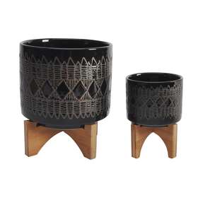 Sagebrook Home 603765819537 Black Ceramic Planters On Wood Stands Set Of 2 7.75 Inch X 10.5
