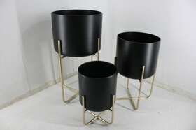 Bkzdplanter-3pcs-black Sinolodo Floor Standing Planters Metal Stand Pack Of 3 Black Gold Modern