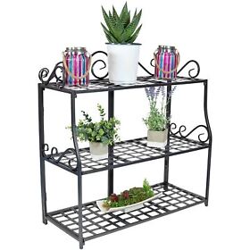 Hmi-757 Sunnydaze 3-tier Plant Stand Iron Metal Shelves With Decorative Scroll Edging