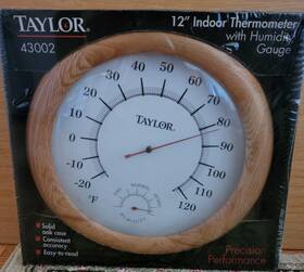 43002 Taylor New 12 Inch Indoor Thermometer With Humidity Gauge Oak Wood Case