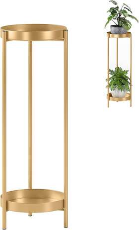 Tiejiajiang 313049188173 2 Tiers Tall Gold Metal Plant Stand Indoor And Outdoor With Pot Holder