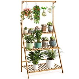 Veakoo Bamboo 3 Tier Hanging Plant Stand Indoor Outdoor Ladder Shelf