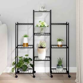 343124 Vidaxl Flower Stand With Wheels 32.7 Inch X9.8 X40.7 Black Iron