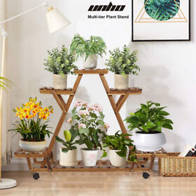 Nuo8muj71v Weatherproof Triangle Plant Stand Garden Flower Shelf Holder With Rolling Wheels
