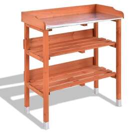 Gt-hpy-3553 Wellfor Plant Stand 35 Inch Open Shelves Fir Natural Wood With Metal Top Workbench